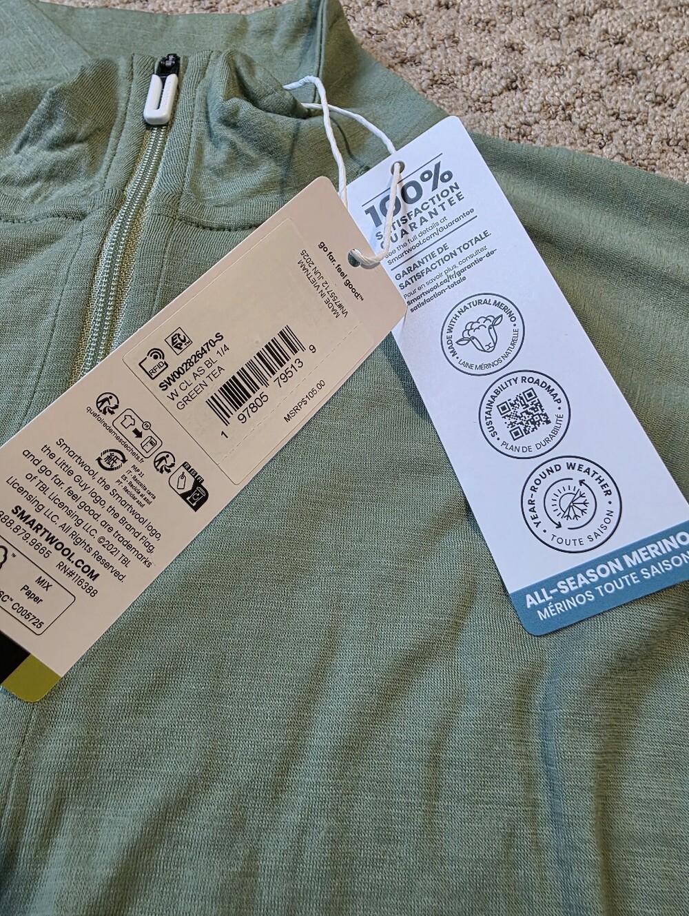 Smartwool All Season Green Tea Merino 1/4 Zip Baselayer - Picture 5 of 7